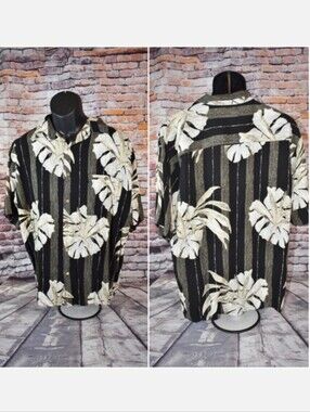 Puritan Black Grey White Palm Leaf Hawaiian Tropical Shirt Flowers Men's XL EUC